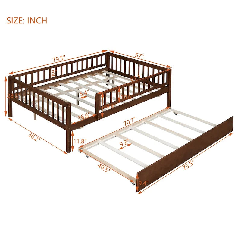 Cama de día de madera de tamaño completo con cama nido y barandillas de seguridad