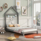 Cama de plataforma de madera individual con cabecero en forma de casa para niños