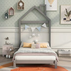 Cama de plataforma de madera individual con cabecero en forma de casa para niños