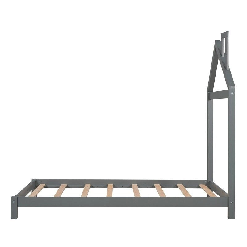 Cama de plataforma de madera individual con cabecero en forma de casa para niños