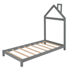 Cama de plataforma de madera individual con cabecero en forma de casa para niños