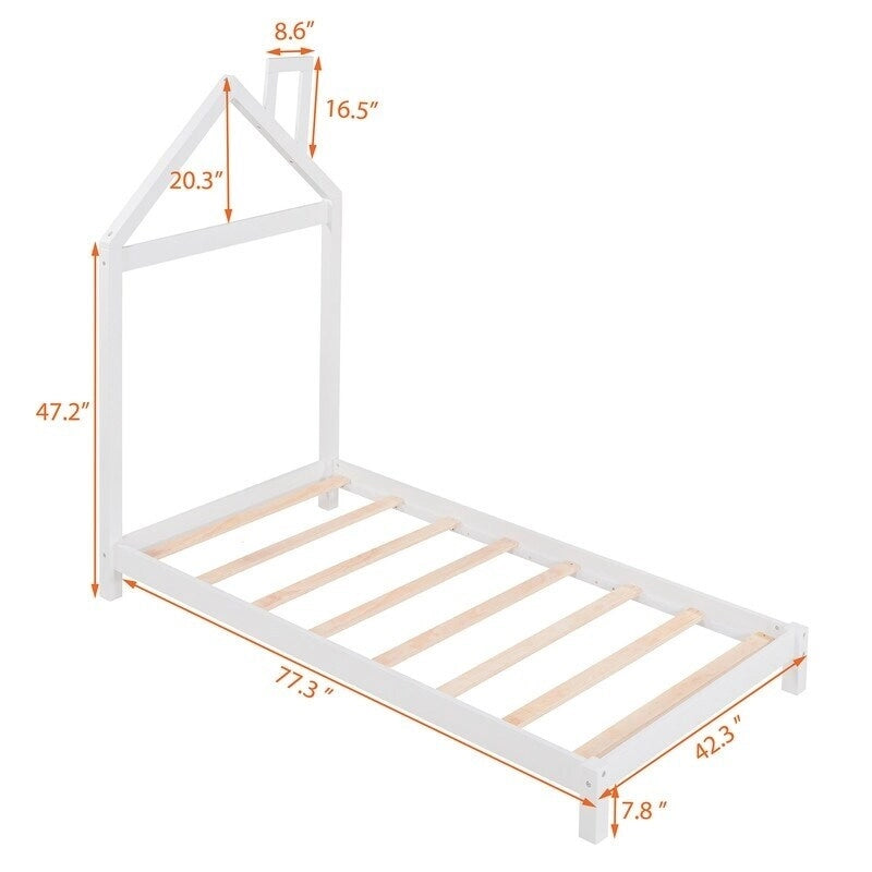 Cama de plataforma de madera individual con cabecero en forma de casa para niños