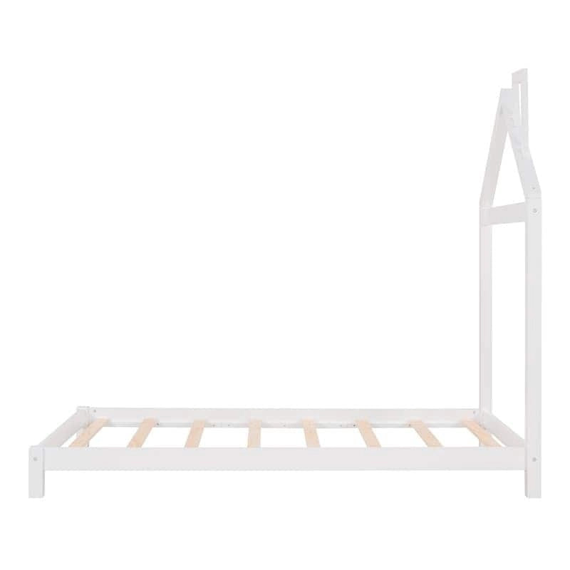 Cama de plataforma de madera individual con cabecero en forma de casa para niños