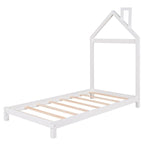Cama de plataforma de madera individual con cabecero en forma de casa para niños