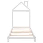 Cama de plataforma de madera individual con cabecero en forma de casa para niños