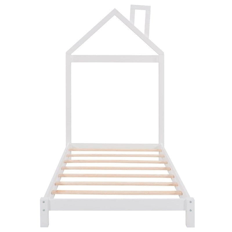 Cama de plataforma de madera individual con cabecero en forma de casa para niños