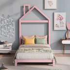 Cama de plataforma de madera individual con cabecero en forma de casa para niños