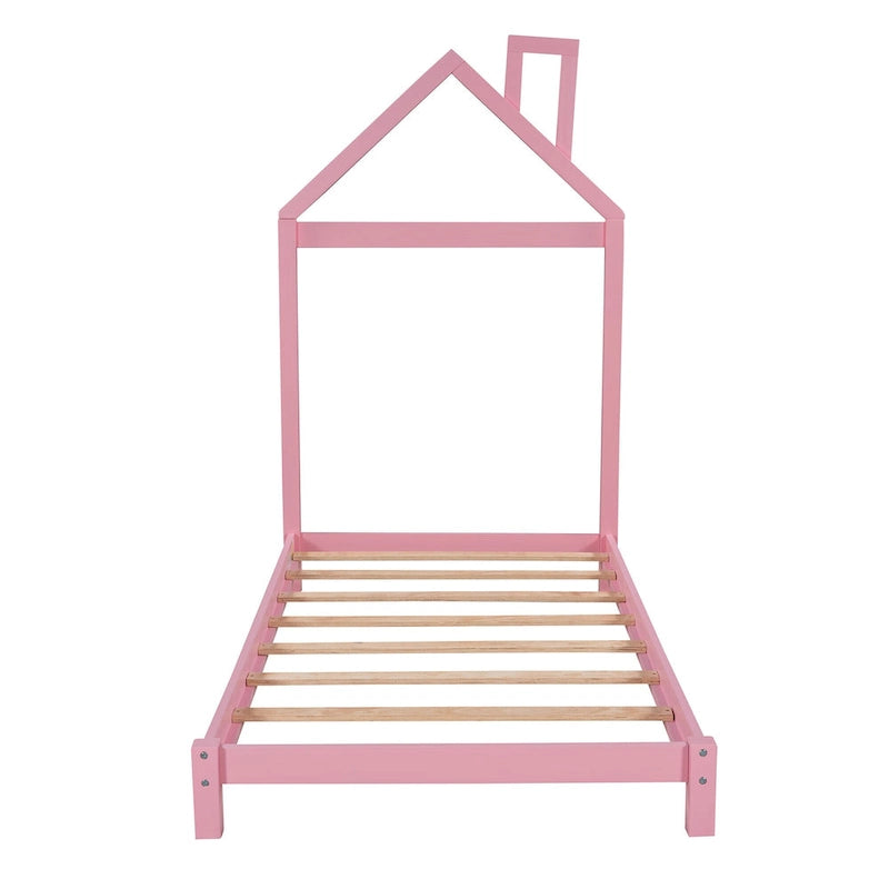 Cama de plataforma de madera individual con cabecero en forma de casa para niños