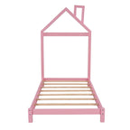 Cama de plataforma de madera individual con cabecero en forma de casa para niños