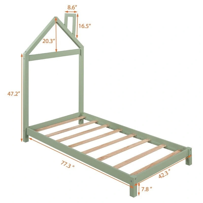Cama de plataforma de madera individual con cabecero en forma de casa para niños