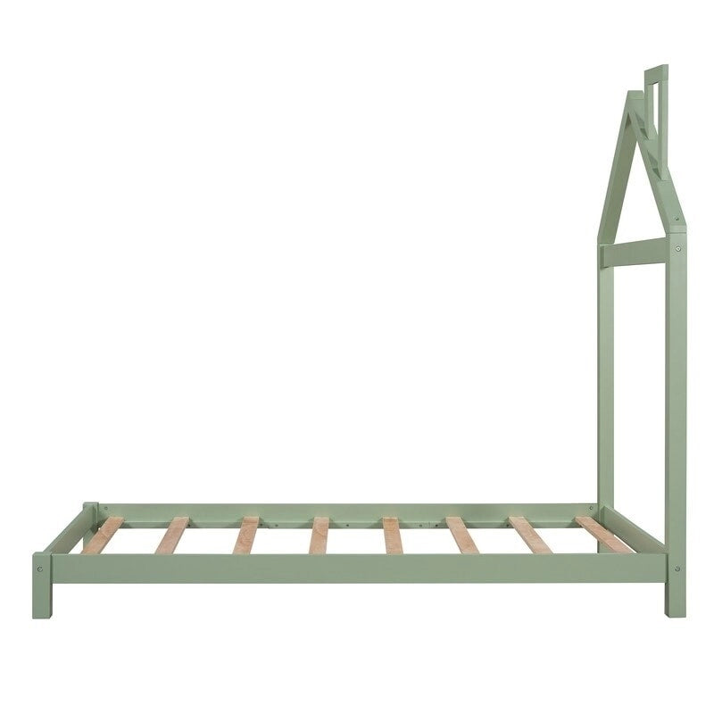 Cama de plataforma de madera individual con cabecero en forma de casa para niños