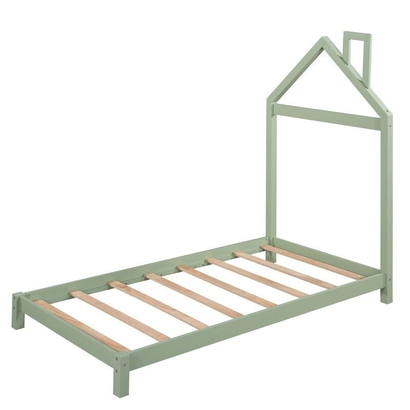 Cama de plataforma de madera individual con cabecero en forma de casa para niños