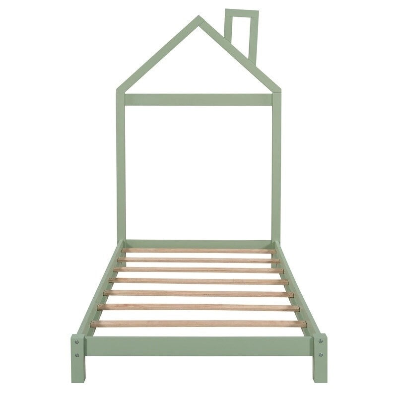 Cama de plataforma de madera individual con cabecero en forma de casa para niños