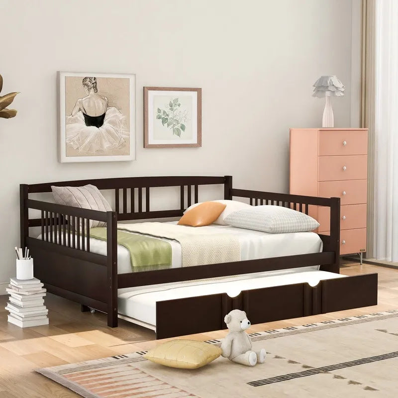 Cama de día doble con cama nido individual, estructura de cama doble de madera con barandillas en tres lados