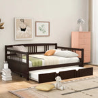 Cama de día doble con cama nido individual, estructura de cama doble de madera con barandillas en tres lados