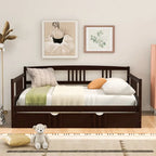 Cama de día doble con cama nido individual, estructura de cama doble de madera con barandillas en tres lados