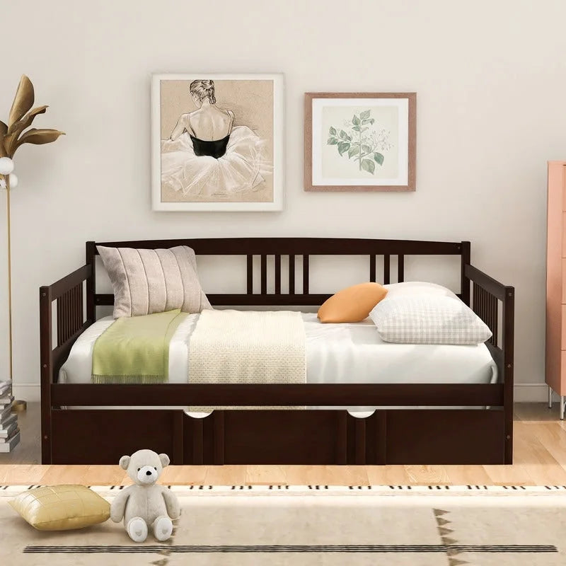 Cama de día doble con cama nido individual, estructura de cama doble de madera con barandillas en tres lados