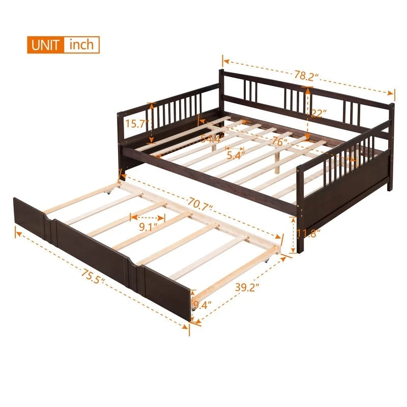 Cama de día doble con cama nido individual, estructura de cama doble de madera con barandillas en tres lados