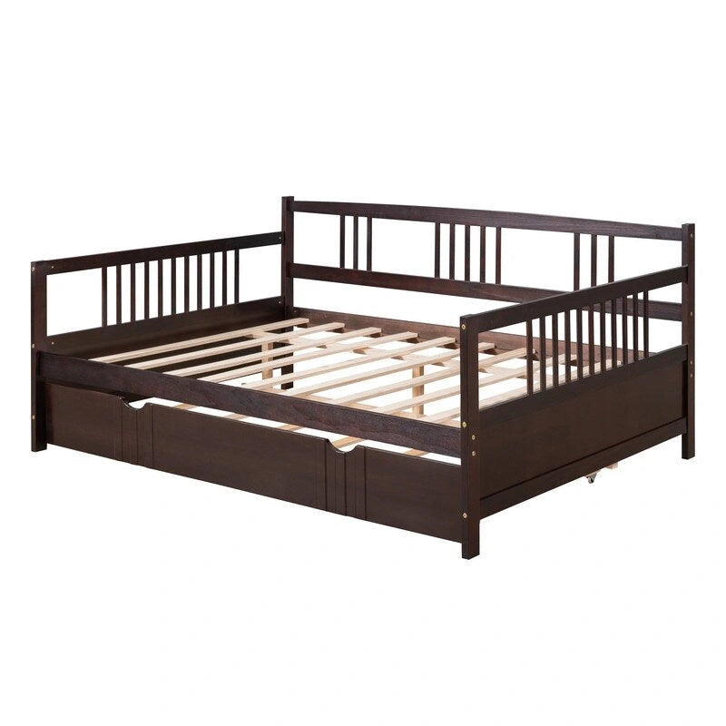 Cama de día doble con cama nido individual, estructura de cama doble de madera con barandillas en tres lados