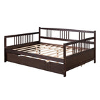 Cama de día doble con cama nido individual, estructura de cama doble de madera con barandillas en tres lados