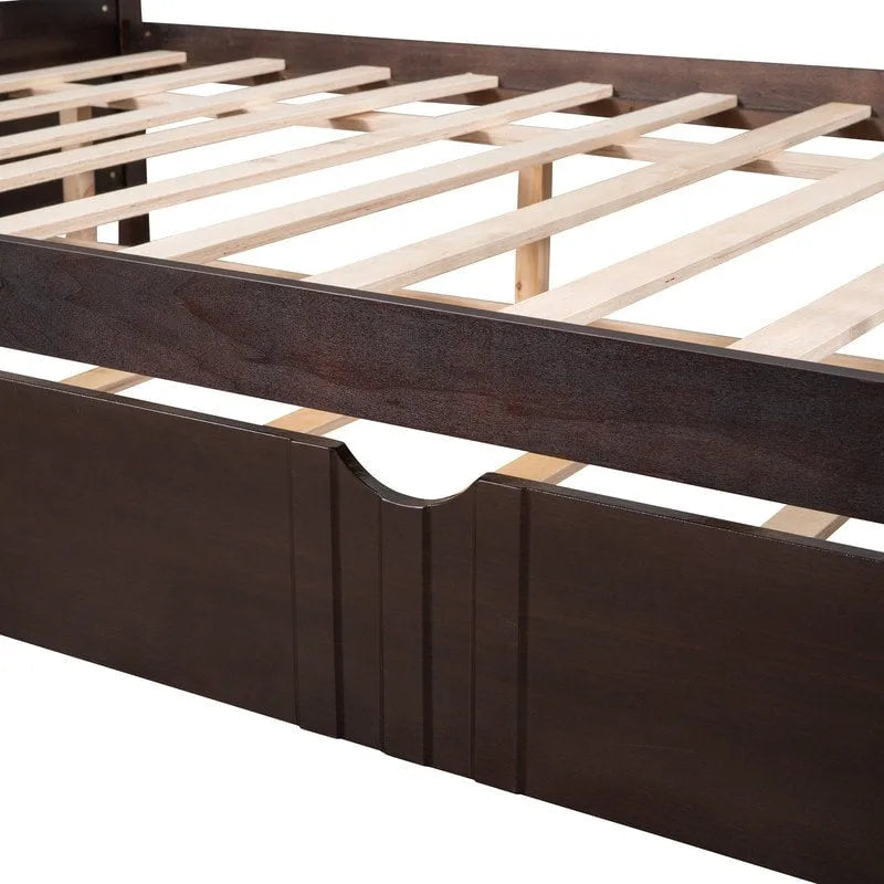 Cama de día doble con cama nido individual, estructura de cama doble de madera con barandillas en tres lados