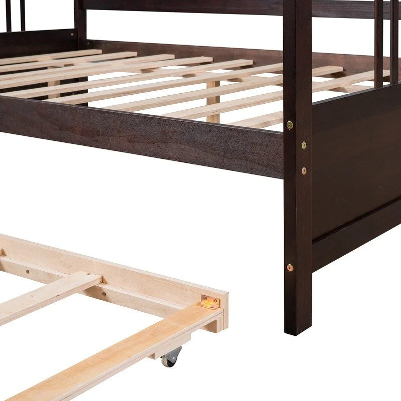 Cama de día doble con cama nido individual, estructura de cama doble de madera con barandillas en tres lados