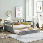 Cama de día doble con cama nido individual, estructura de cama doble de madera con barandillas en tres lados