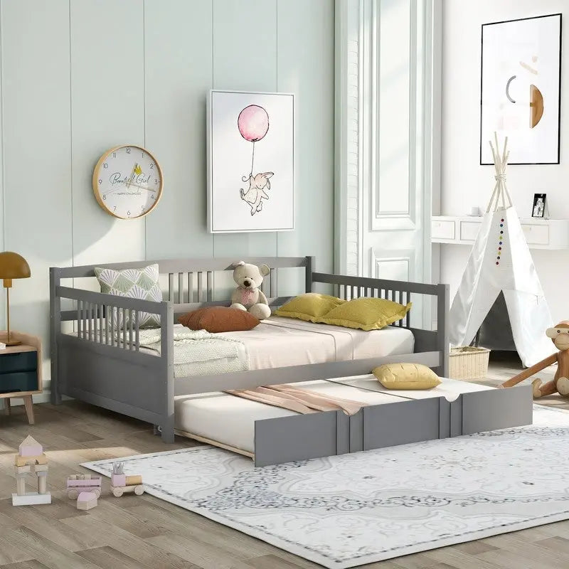 Cama de día doble con cama nido individual, estructura de cama doble de madera con barandillas en tres lados
