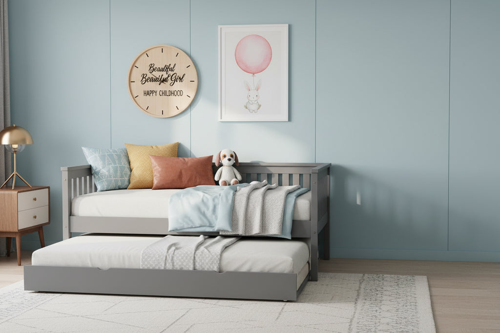 Cama de día doble con cama nido individual, estructura de cama doble de madera con barandillas en tres lados