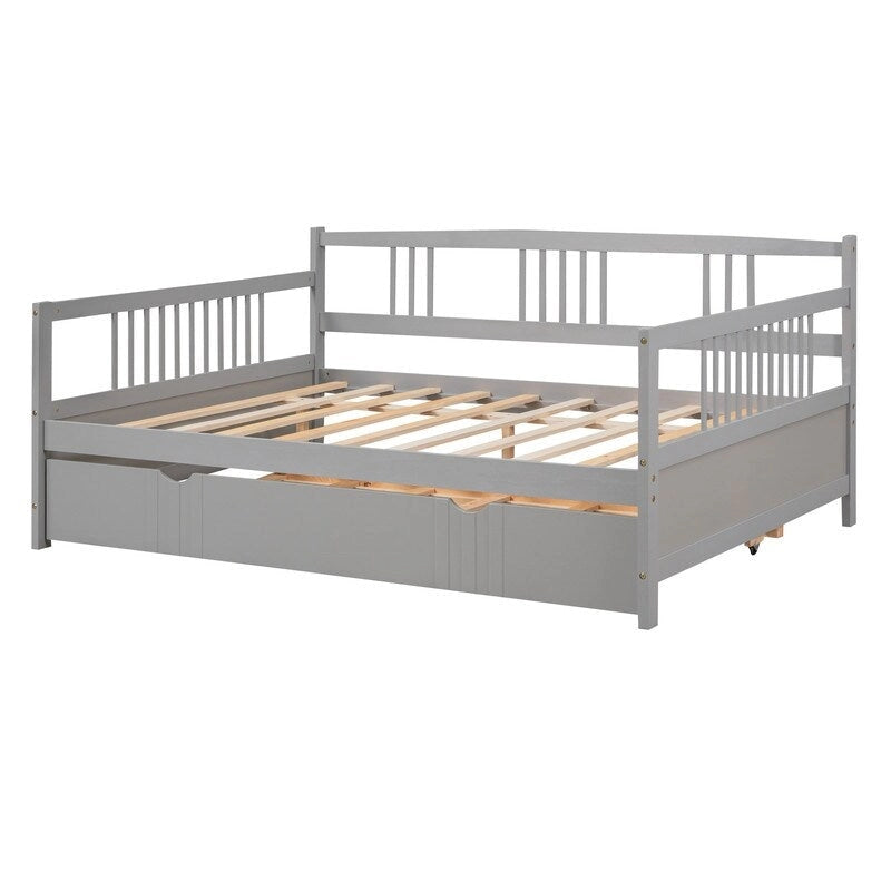 Cama de día doble con cama nido individual, estructura de cama doble de madera con barandillas en tres lados