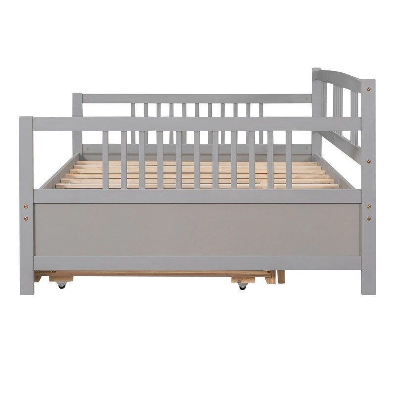 Cama de día doble con cama nido individual, estructura de cama doble de madera con barandillas en tres lados
