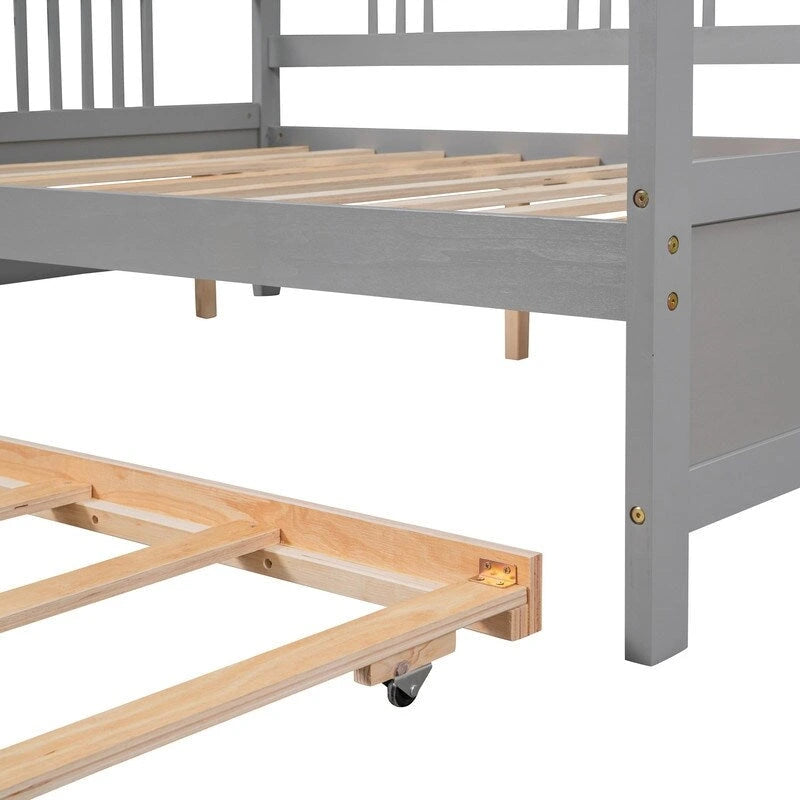Cama de día doble con cama nido individual, estructura de cama doble de madera con barandillas en tres lados