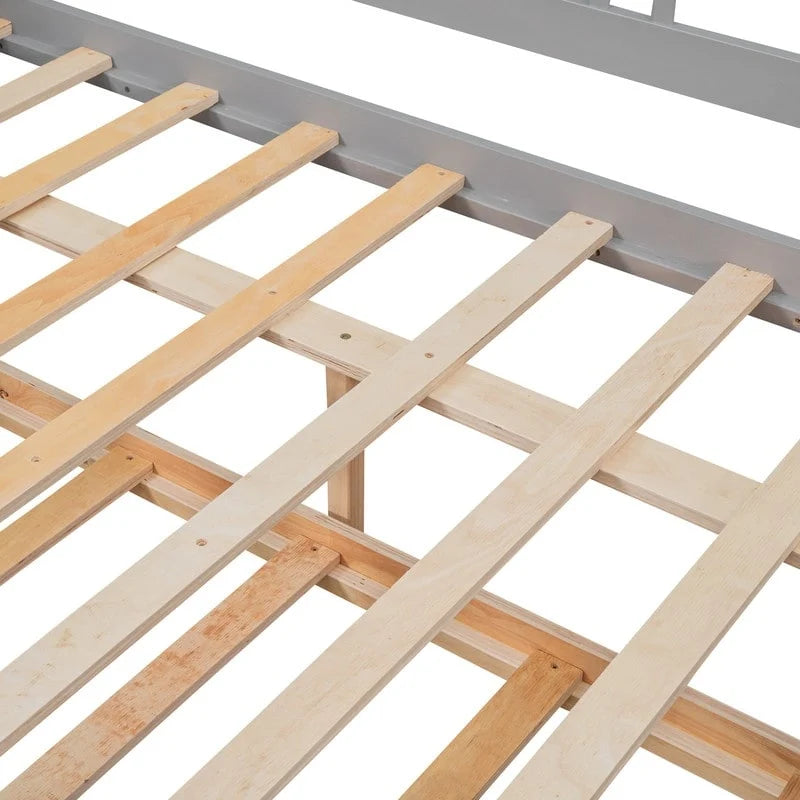 Cama de día doble con cama nido individual, estructura de cama doble de madera con barandillas en tres lados