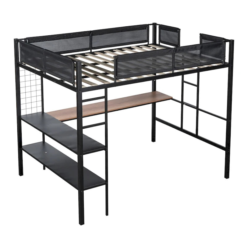 Cama alta de metal de tamaño completo con escritorio y estantes/ Estructura de cama de metal resistente/ Somier de láminas de madera sin ruido/ Barandilla/ Escritorio incorporado