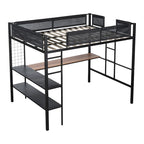 Cama alta de metal de tamaño completo con escritorio y estantes/ Estructura de cama de metal resistente/ Somier de láminas de madera sin ruido/ Barandilla/ Escritorio incorporado