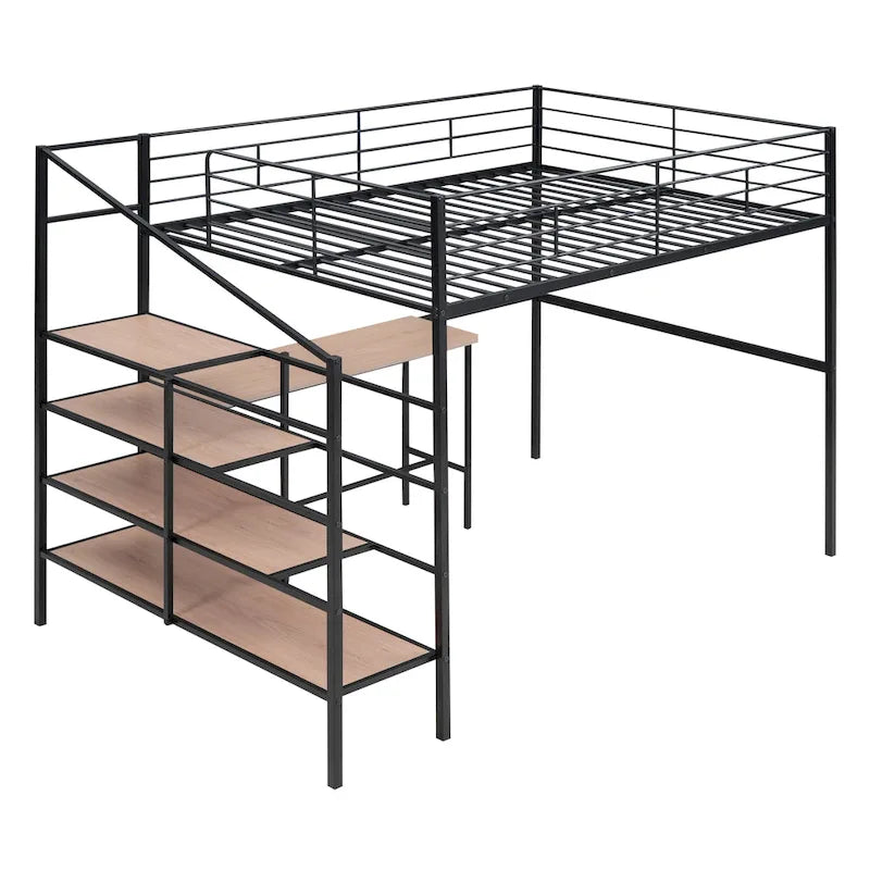 Cama loft de metal de tamaño completo con escritorio y escalera de almacenamiento lateral, negra