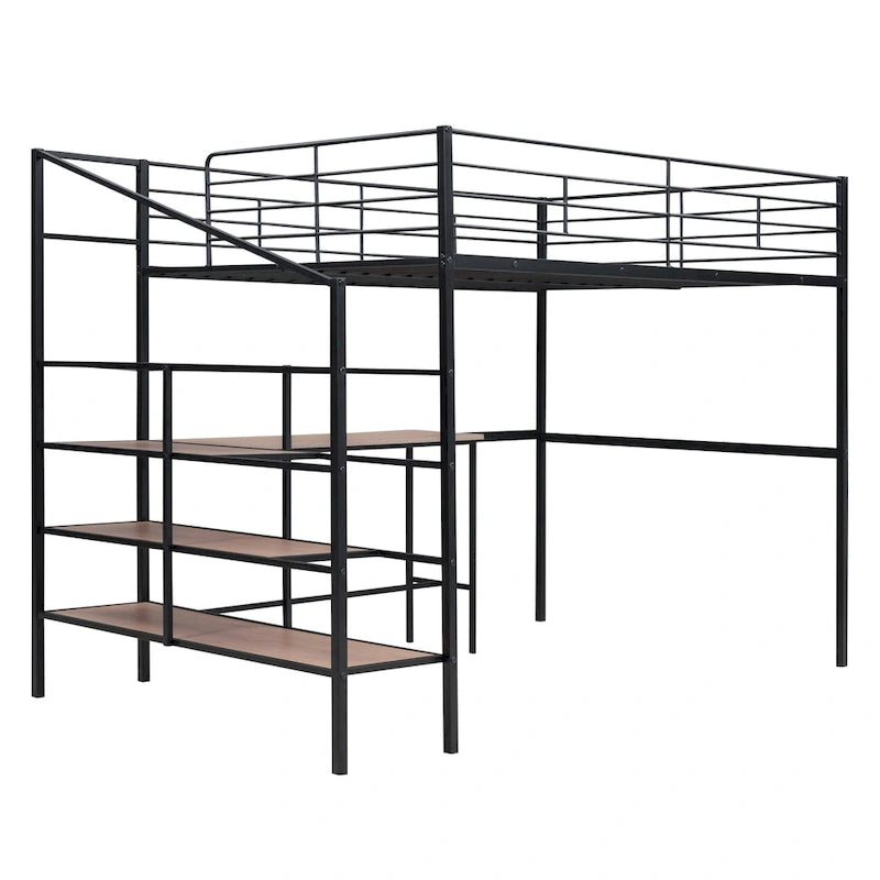Cama loft de metal de tamaño completo con escritorio y escalera de almacenamiento lateral, negra