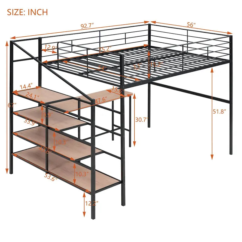 Cama loft de metal de tamaño completo con escritorio y escalera de almacenamiento lateral, negra