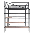 Cama loft de metal de tamaño completo con escritorio y escalera de almacenamiento lateral, negra