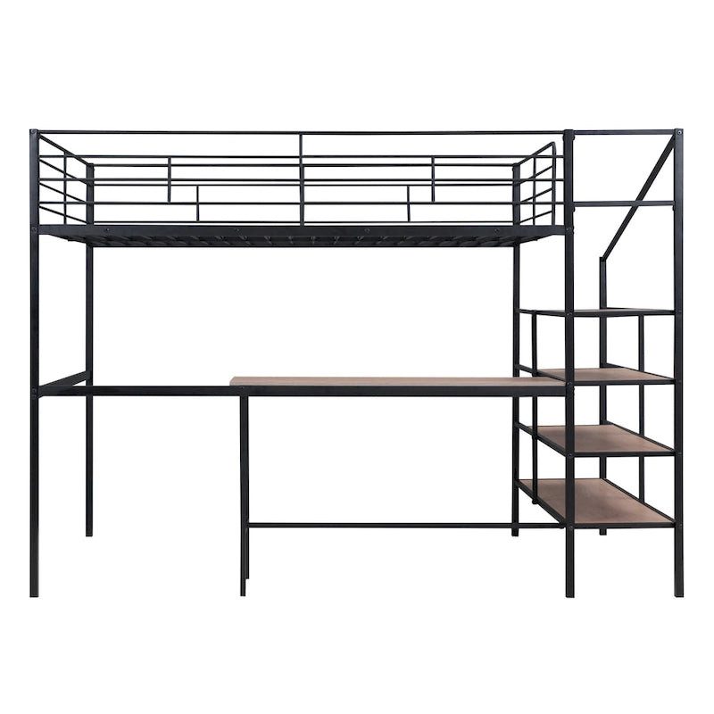 Cama loft de metal de tamaño completo con escritorio y escalera de almacenamiento lateral, negra