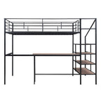 Cama loft de metal de tamaño completo con escritorio y escalera de almacenamiento lateral, negra