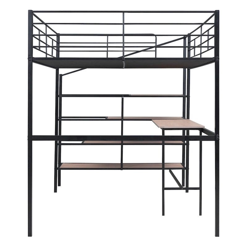 Cama loft de metal de tamaño completo con escritorio y escalera de almacenamiento lateral, negra