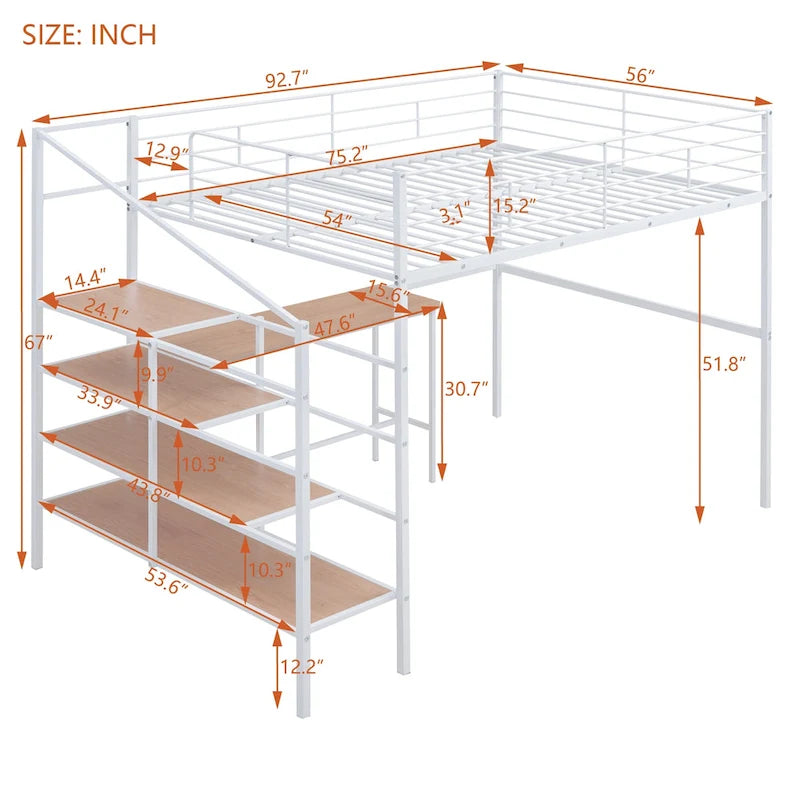 Cama loft de metal de tamaño completo con escritorio y escalera de almacenamiento lateral, negra