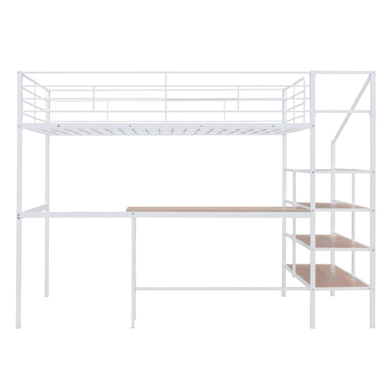 Cama loft de metal de tamaño completo con escritorio y escalera de almacenamiento lateral, negra