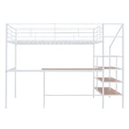 Cama loft de metal de tamaño completo con escritorio y escalera de almacenamiento lateral, negra