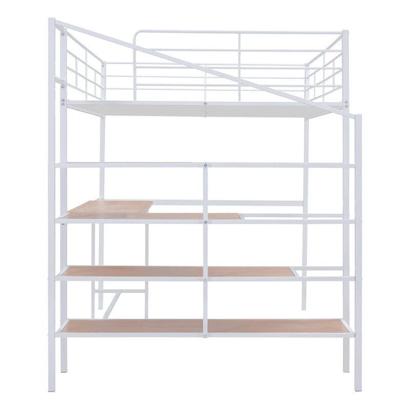 Cama loft de metal de tamaño completo con escritorio y escalera de almacenamiento lateral, negra