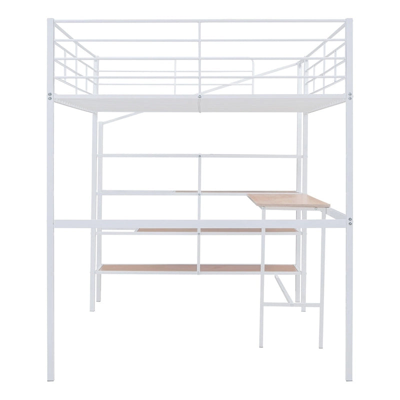 Cama loft de metal de tamaño completo con escritorio y escalera de almacenamiento lateral, negra