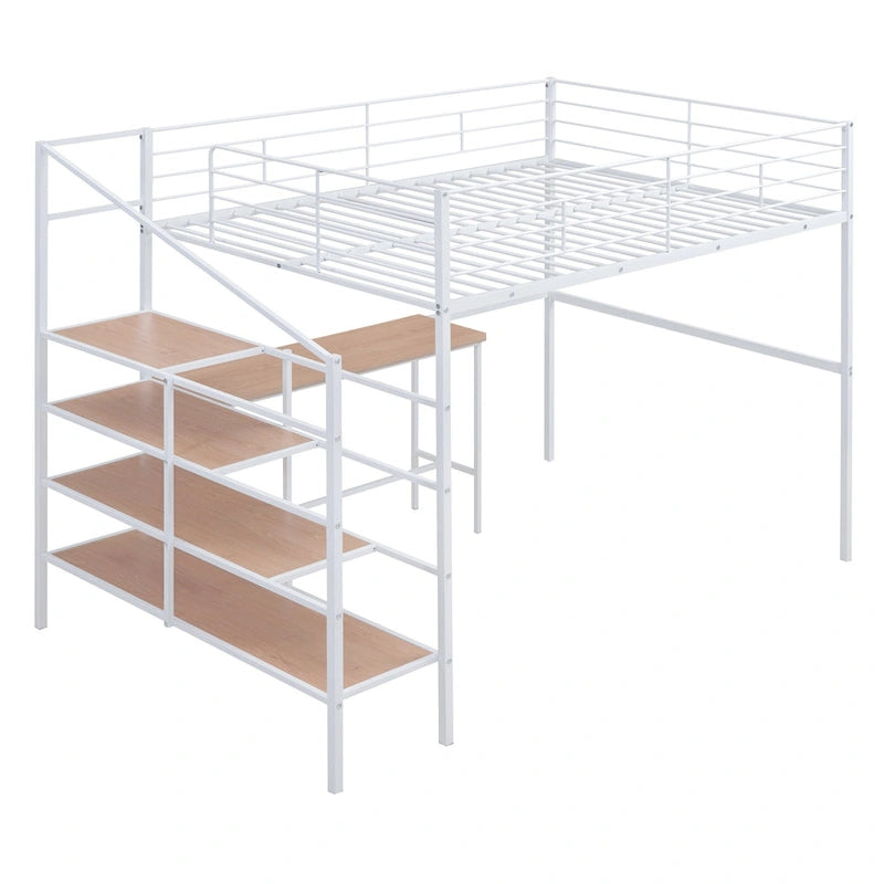 Cama loft de metal de tamaño completo con escritorio y escalera de almacenamiento lateral, negra