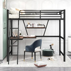 Cama alta de metal con escritorio en forma de L y estante