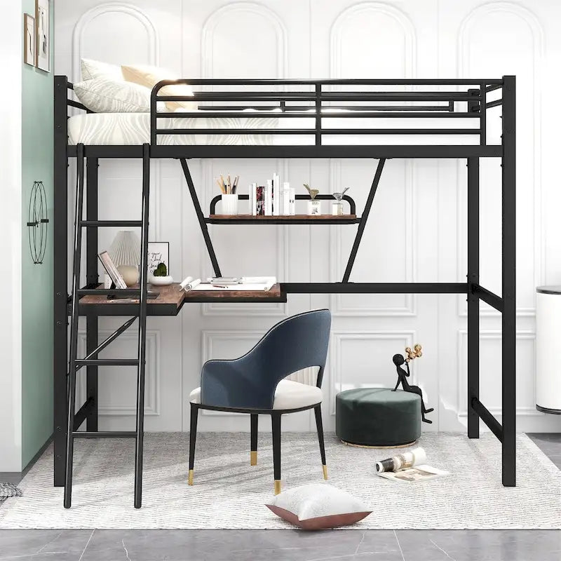 Cama alta de metal con escritorio en forma de L y estante